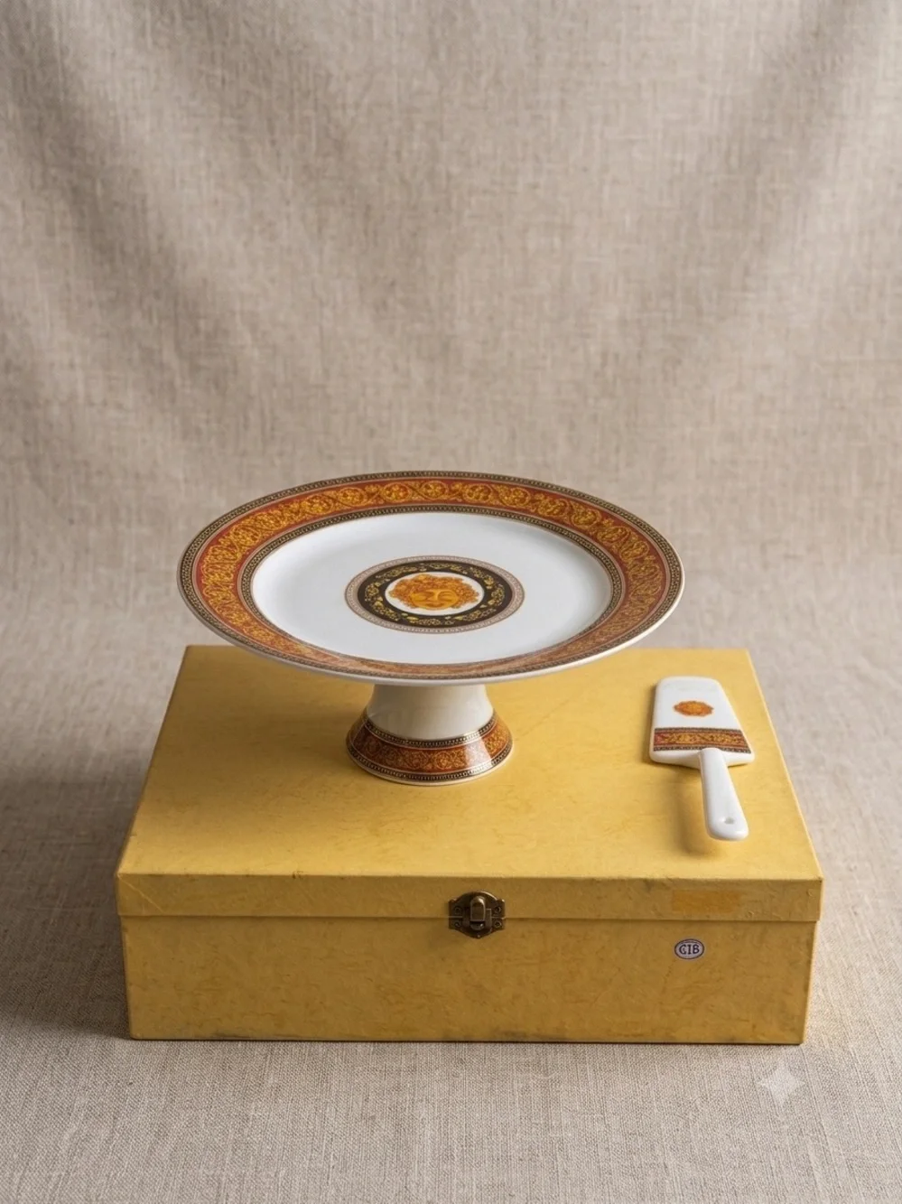 Versace-Style Medusa Red Footed Cake Stand & Matching Server Set
